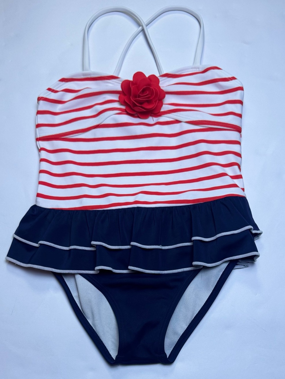 Janie & Jack Girls' Navy & Red Striped Ruffle One-Piece Swimsuit Size 6 NWT